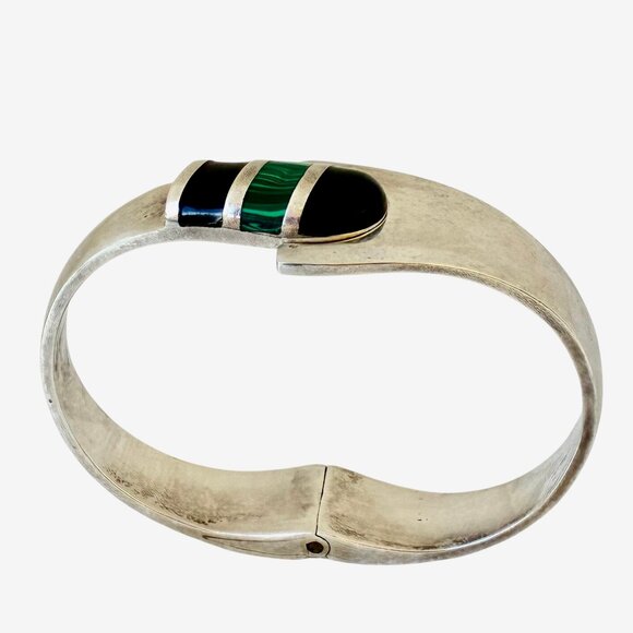 Sterling Silver 925 Bracelet Malachite + Onyx Hinged Bracelet Taxco Mexico 52 gr - Picture 8 of 16